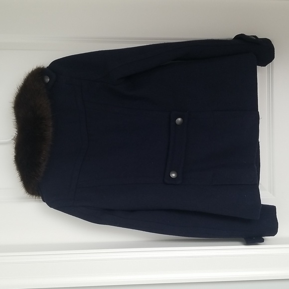 American Eagle Outfitters Navy Fur Collar Short Wool Trench Coat - Picture 2 of 7